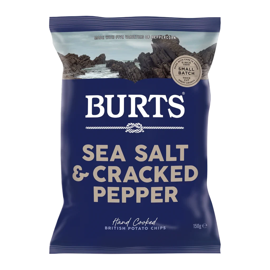 BURTS HAND COOKED POTATO CHIPS SEA SALT AND CRACKED PEPPER 150G